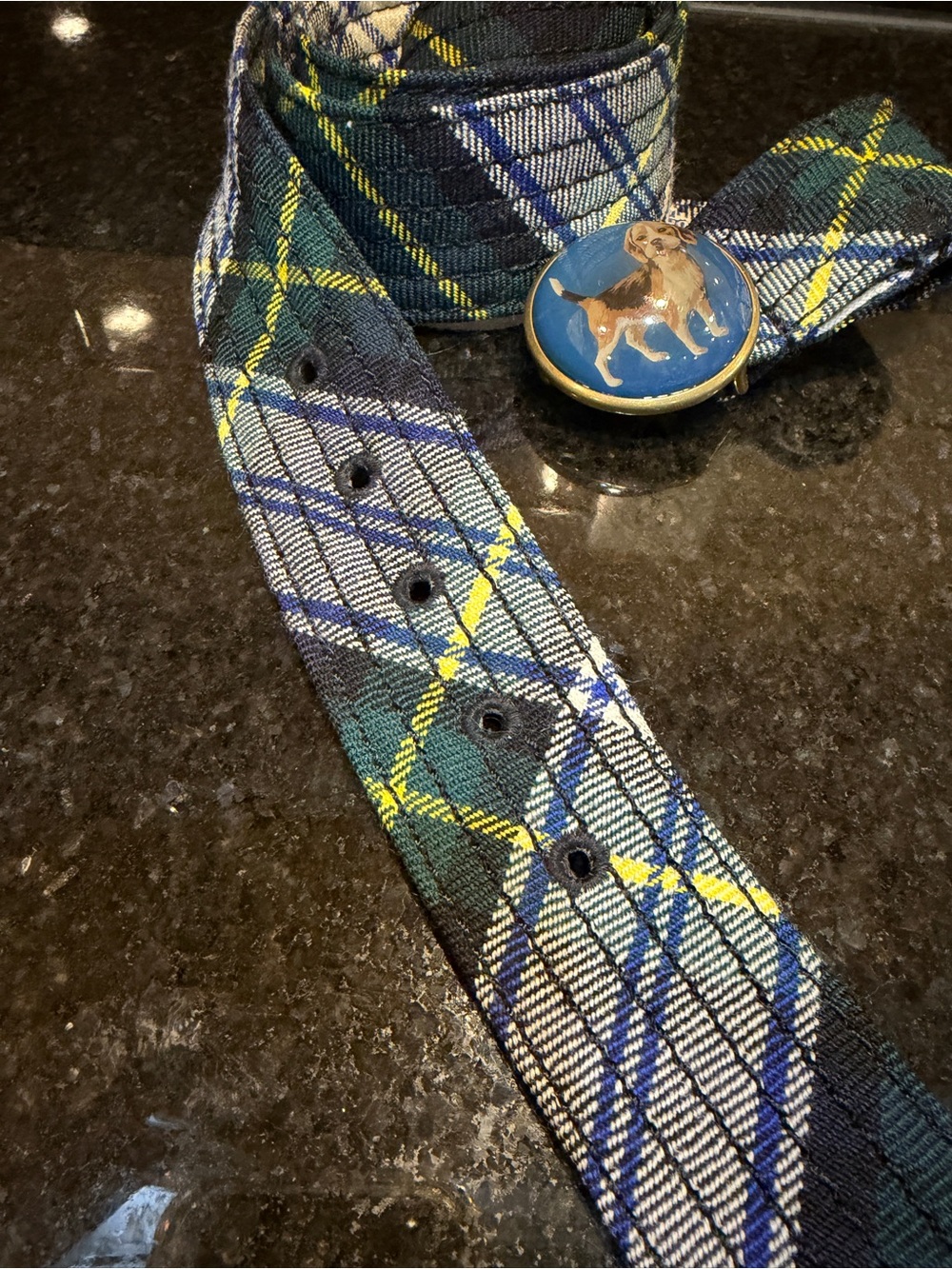 Vintage J. Crew Novelty Beagle Tartan Plaid Fabric Grommet Belt 45" - Picture 3 of 5